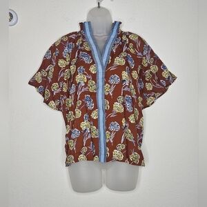 THML Boho Floral Coffee Brown Stripe Detail Ruffle High Neck Short Sleeve Top